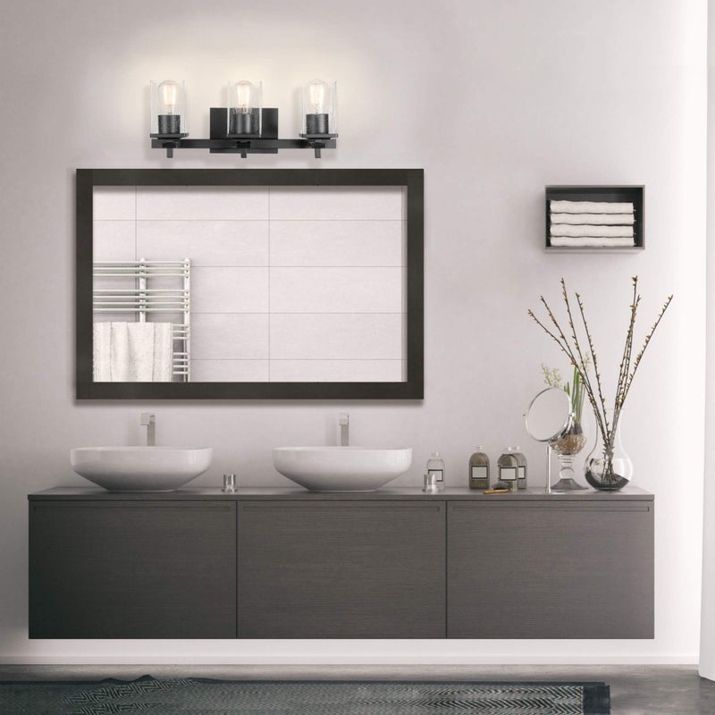 Globe Electric 51634 Dakota 5-Piece All-in-One Bathroom Set 3 Vanity Light with Seeded Glass Shades, Bar, Toilet Paper Holder, Towel Ring, Robe Hook, Matte Black - Image 2